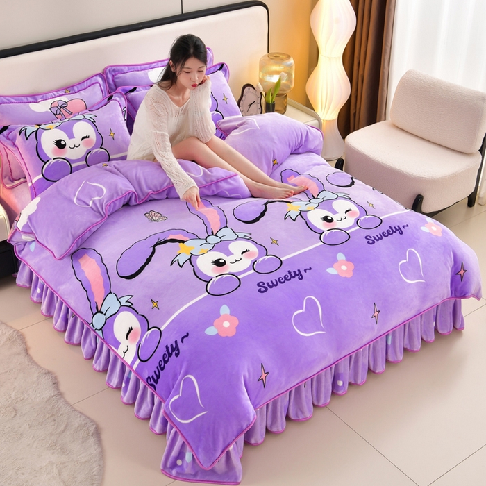 91家纺网 家纺一手货源 找家纺 新8.5-9.5斤法莱绒四件套珊瑚牛奶金貂绒四件套床裙 菲菲兔