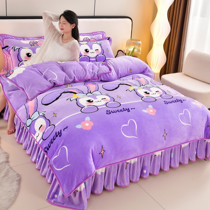 91家纺网 家纺一手货源 找家纺 新8.5-9.5斤法莱绒四件套珊瑚牛奶金貂绒四件套床裙 菲菲兔