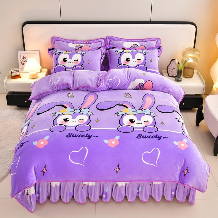 91家纺网 家纺一手货源 找家纺 新8.5-9.5斤法莱绒四件套珊瑚牛奶金貂绒四件套床裙 菲菲兔