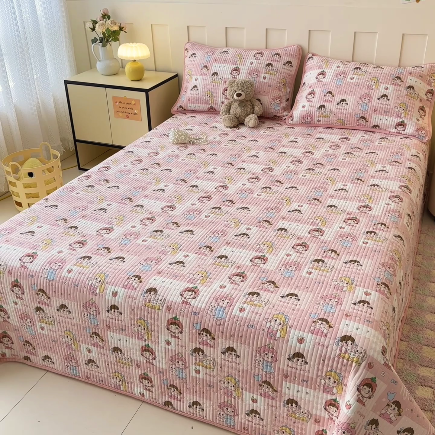 91家纺网 家纺一手货源 找家纺 岚吉家纺 2025新款全棉133*72宝宝绒棉加绒一面纯棉一面牛奶绒双面可用单床盖学生床床垫 床盖单件 棒棒糖女孩