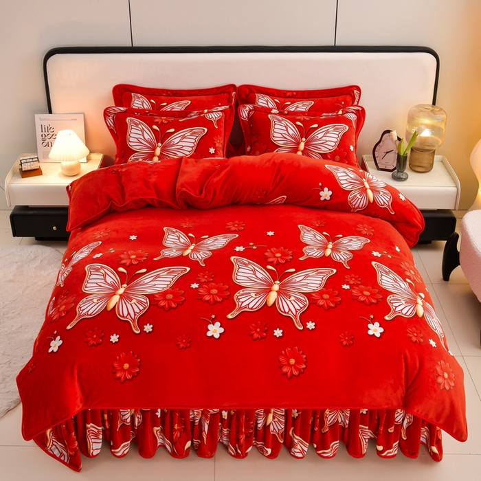 91家纺网 家纺一手货源 找家纺 新8.5-9.5斤法莱绒四件套珊瑚牛奶金貂绒四件套床裙 琉璃蝶梦