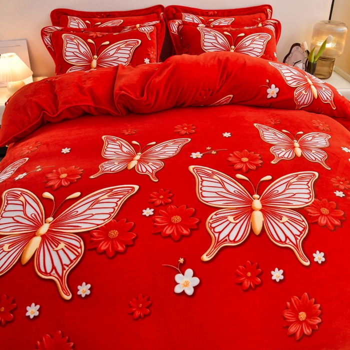 91家纺网 家纺一手货源 找家纺 新8.5-9.5斤法莱绒四件套珊瑚牛奶金貂绒四件套床裙 琉璃蝶梦