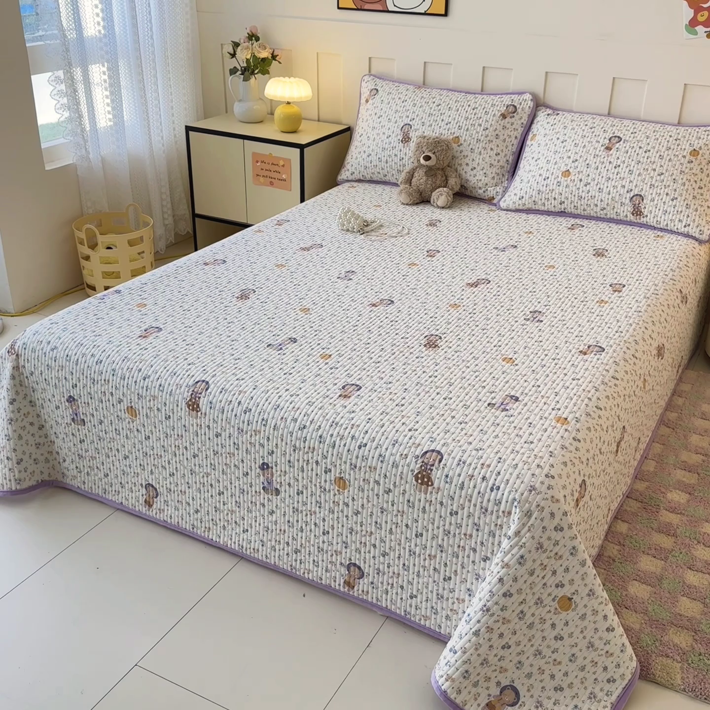 91家纺网 家纺一手货源 找家纺 岚吉家纺 2025新款全棉133*72宝宝绒棉加绒一面纯棉一面牛奶绒双面可用单床盖学生床床垫 床盖单件 碎花兔熊