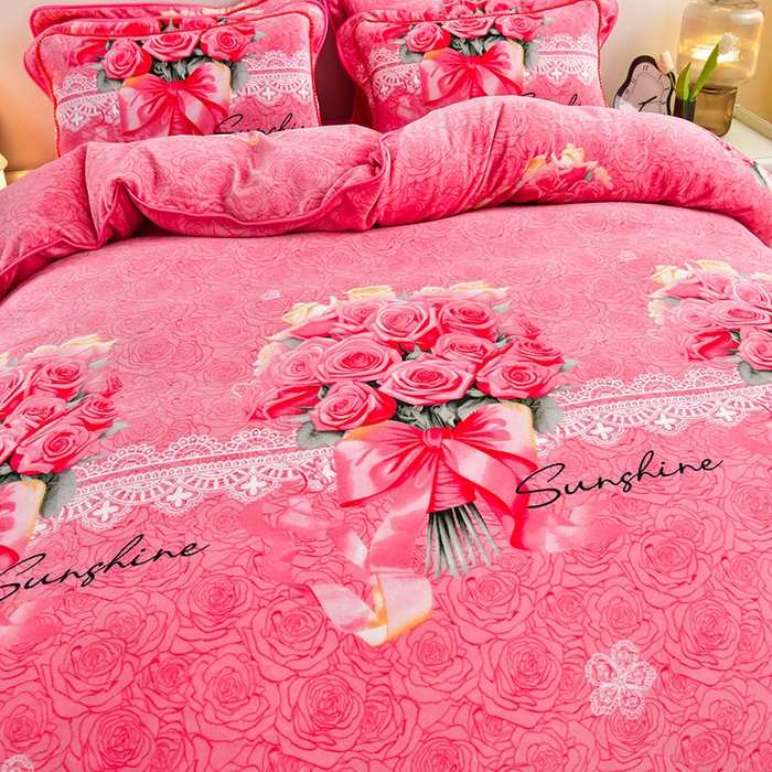 91家纺网 家纺一手货源 找家纺 新8.5-9.5斤法莱绒四件套珊瑚牛奶金貂绒四件套床裙 玫瑰花语