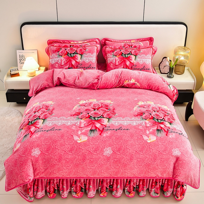 91家纺网 家纺一手货源 找家纺 新8.5-9.5斤法莱绒四件套珊瑚牛奶金貂绒四件套床裙 玫瑰花语