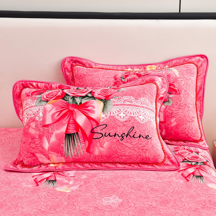 91家纺网 家纺一手货源 找家纺 新8.5-9.5斤法莱绒四件套珊瑚牛奶金貂绒四件套床裙 玫瑰花语