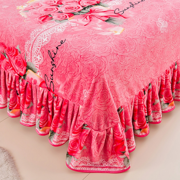 91家纺网 家纺一手货源 找家纺 新8.5-9.5斤法莱绒四件套珊瑚牛奶金貂绒四件套床裙 玫瑰花语