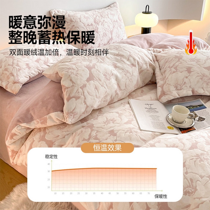91家纺网 家纺一手货源 找家纺 鸿羽樱家纺《原伊菲晓》 2025新款立体浮雕绒牛奶绒加厚保暖四件套 繁花-粉