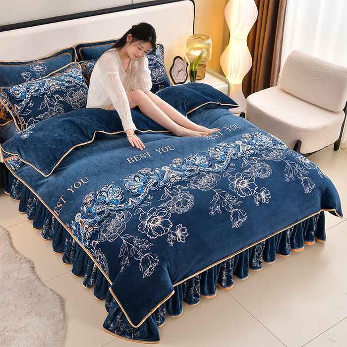 91家纺网 家纺一手货源 找家纺 新8.5-9.5斤法莱绒四件套珊瑚牛奶金貂绒四件套床裙 欧式风情