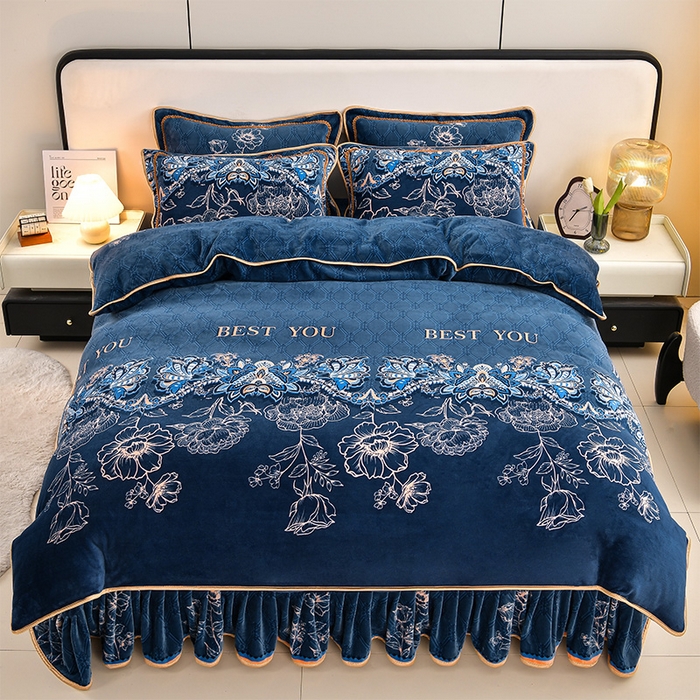 91家纺网 家纺一手货源 找家纺 新8.5-9.5斤法莱绒四件套珊瑚牛奶金貂绒四件套床裙 欧式风情