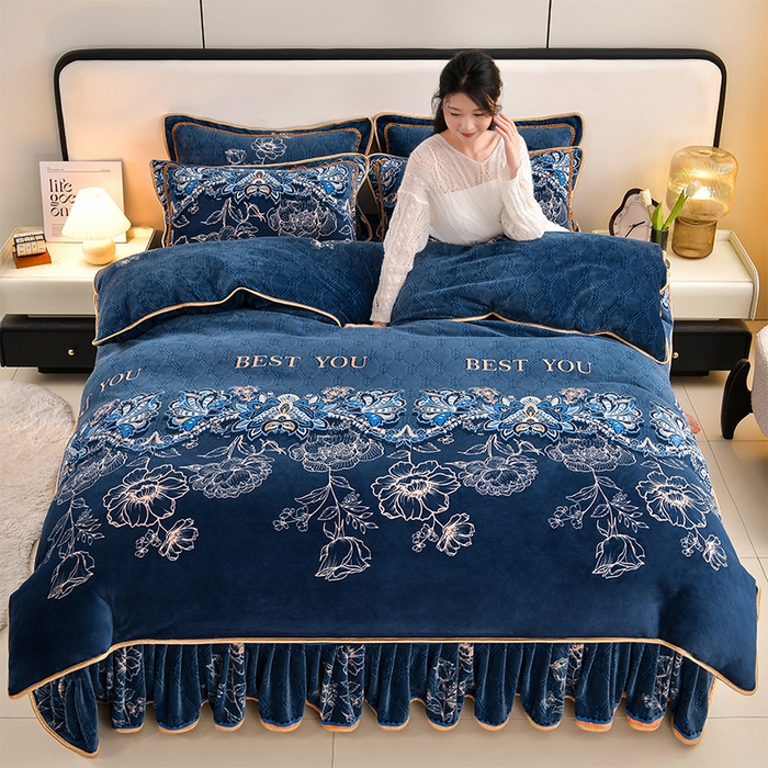 新8.5-9.5斤法莱绒四件套珊瑚牛奶金貂绒四件套床裙 欧式风情