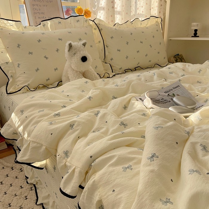 91家纺网 家纺一手货源 找家纺 繁花家居 2025新款云感木棉针织棉双层纱床盖四件套 床盖被套款-蝴蝶梦境