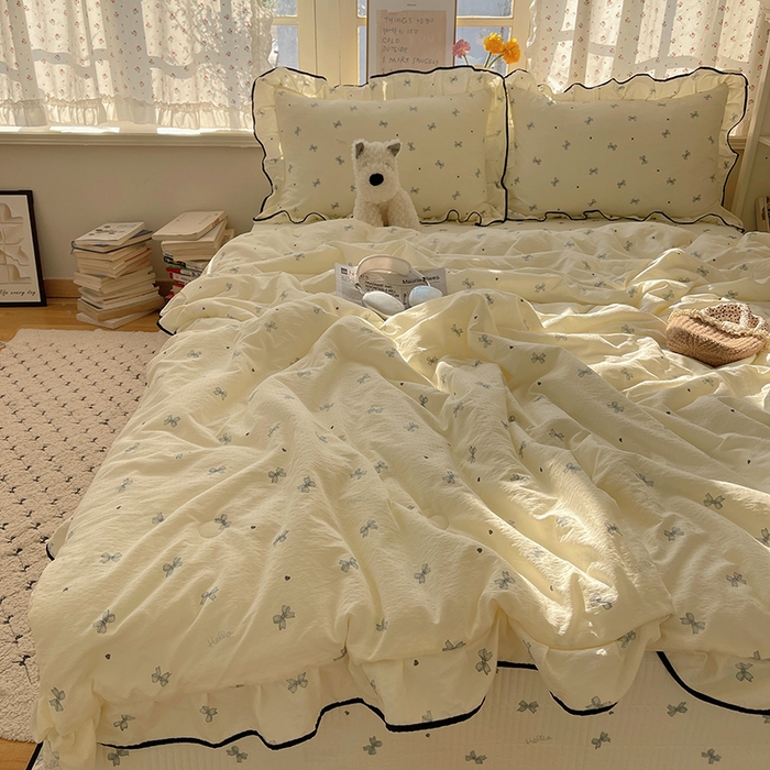 91家纺网 家纺一手货源 找家纺 繁花家居 2025新款云感木棉针织棉双层纱床盖四件套 床盖被套款-蝴蝶梦境