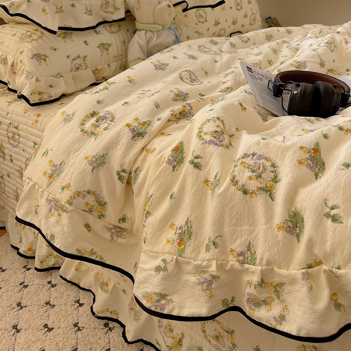 91家纺网 家纺一手货源 找家纺 繁花家居 2025新款云感木棉针织棉双层纱床盖四件套 床盖被套款-小兔茶话会