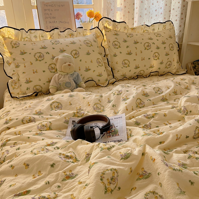 91家纺网 家纺一手货源 找家纺 繁花家居 2025新款云感木棉针织棉双层纱床盖四件套 床盖被套款-小兔茶话会