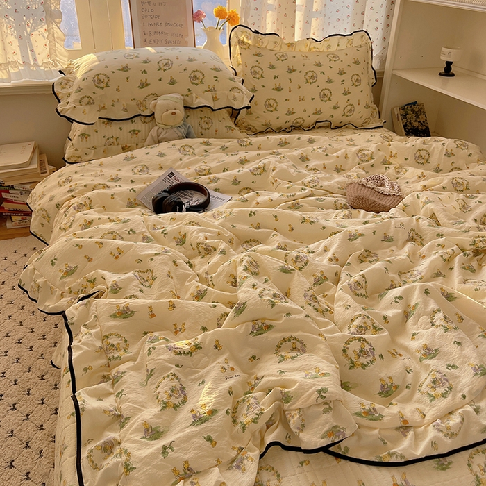 91家纺网 家纺一手货源 找家纺 繁花家居 2025新款云感木棉针织棉双层纱床盖四件套 床盖被套款-小兔茶话会