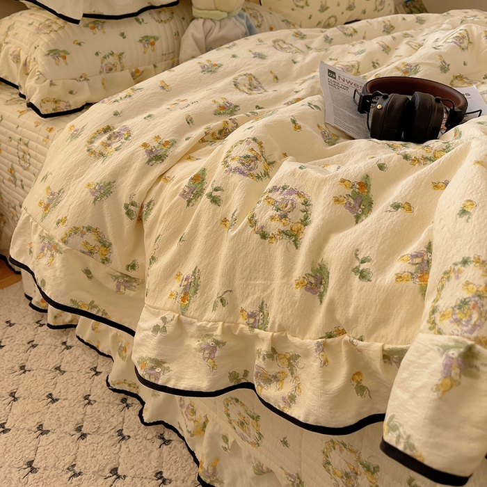 91家纺网 家纺一手货源 找家纺 繁花家居 2025新款云感木棉针织棉双层纱床盖四件套 床盖被套款-小兔茶话会