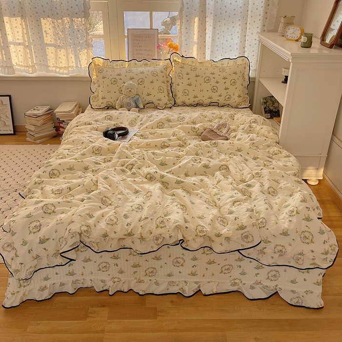 91家纺网 家纺一手货源 找家纺 繁花家居 2025新款云感木棉针织棉双层纱床盖四件套 床盖被套款-小兔茶话会