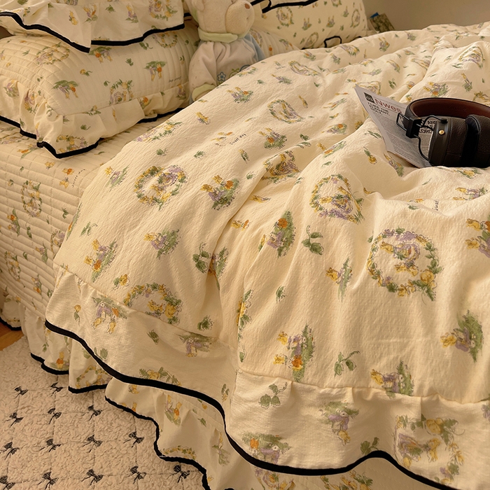 91家纺网 家纺一手货源 找家纺 繁花家居 2025新款云感木棉针织棉双层纱床盖四件套 床盖被套款-小兔茶话会