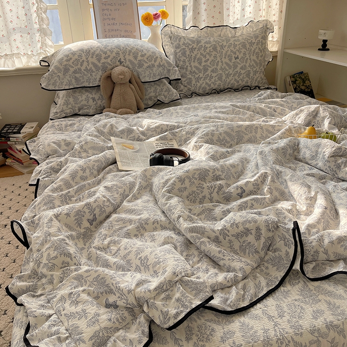 91家纺网 家纺一手货源 找家纺 繁花家居 2025新款云感木棉针织棉双层纱床盖四件套 床盖被套款-迷雾森林