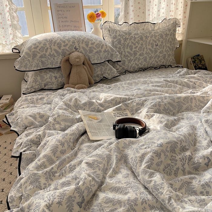 91家纺网 家纺一手货源 找家纺 繁花家居 2025新款云感木棉针织棉双层纱床盖四件套 床盖被套款-迷雾森林