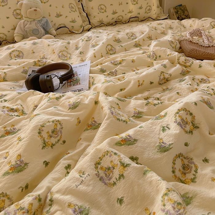 91家纺网 家纺一手货源 找家纺 繁花家居 2025新款云感木棉针织棉双层纱床盖四件套 床盖被套款-小兔茶话会