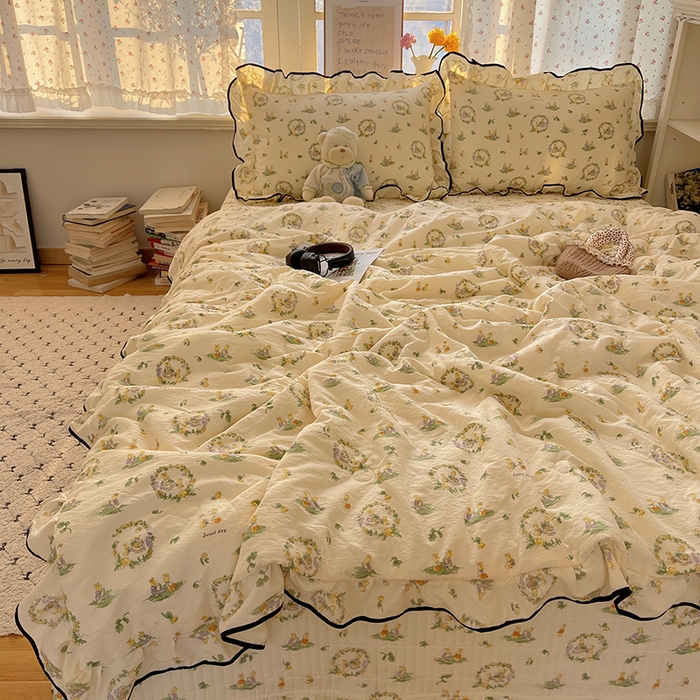 91家纺网 家纺一手货源 找家纺 繁花家居 2025新款云感木棉针织棉双层纱床盖四件套 床盖被套款-小兔茶话会