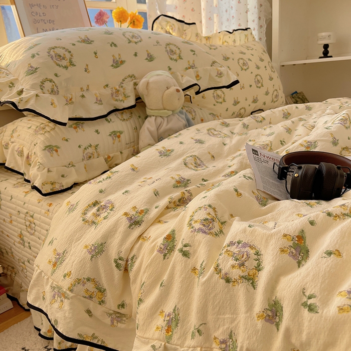 91家纺网 家纺一手货源 找家纺 繁花家居 2025新款云感木棉针织棉双层纱床盖四件套 床盖被套款-小兔茶话会