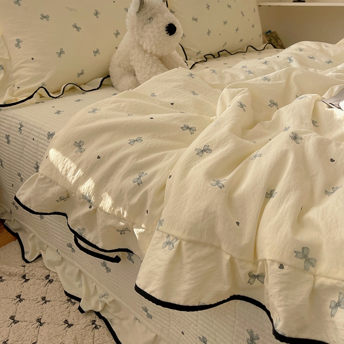 91家纺网 家纺一手货源 找家纺 繁花家居 2025新款云感木棉针织棉双层纱床盖四件套 床盖被套款-蝴蝶梦境