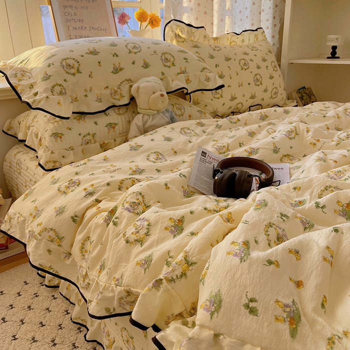 91家纺网 家纺一手货源 找家纺 繁花家居 2025新款云感木棉针织棉双层纱床盖四件套 床盖被套款-小兔茶话会