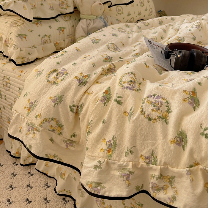 91家纺网 家纺一手货源 找家纺 繁花家居 2025新款云感木棉针织棉双层纱床盖四件套 床盖被套款-小兔茶话会