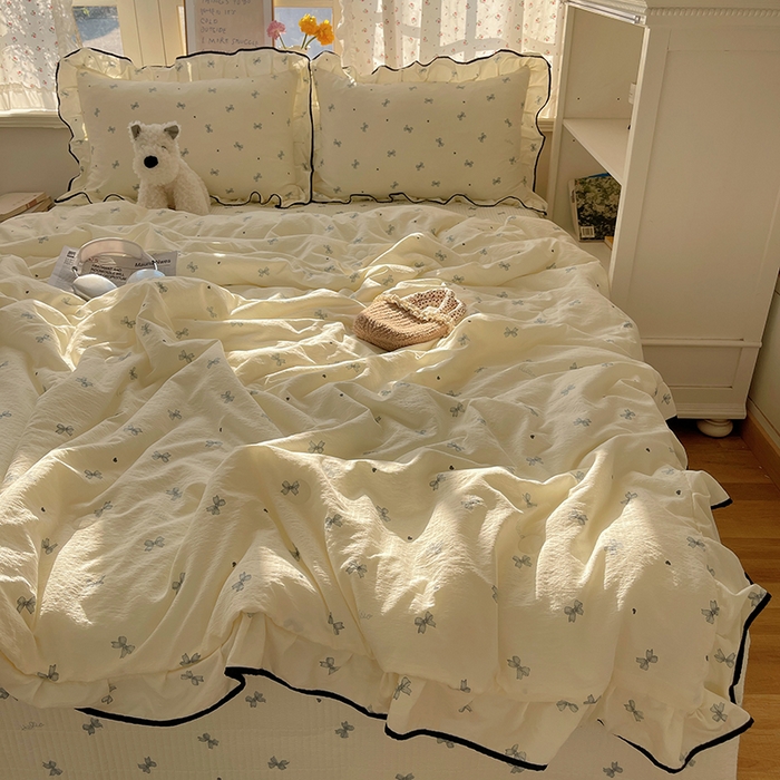 91家纺网 家纺一手货源 找家纺 繁花家居 2025新款云感木棉针织棉双层纱床盖四件套 床盖被套款-蝴蝶梦境