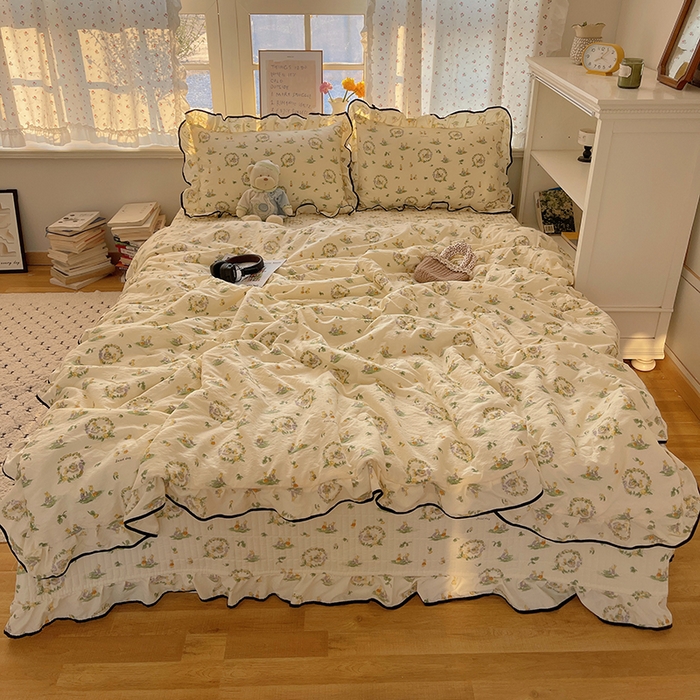 91家纺网 家纺一手货源 找家纺 繁花家居 2025新款云感木棉针织棉双层纱床盖四件套 床盖被套款-小兔茶话会