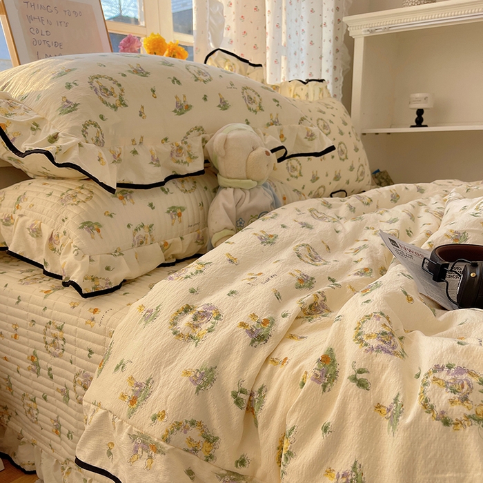 91家纺网 家纺一手货源 找家纺 繁花家居 2025新款云感木棉针织棉双层纱床盖四件套 床盖被套款-小兔茶话会