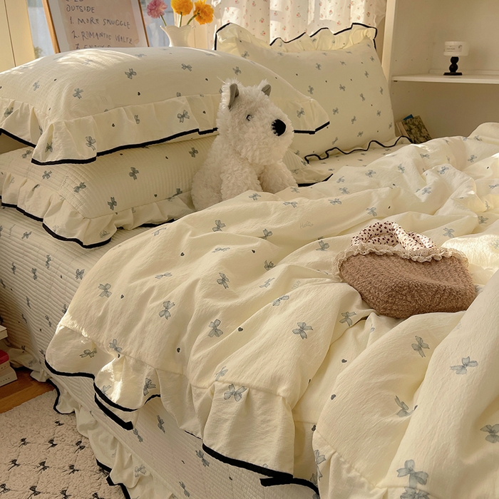 91家纺网 家纺一手货源 找家纺 繁花家居 2025新款云感木棉针织棉双层纱床盖四件套 床盖被套款-蝴蝶梦境