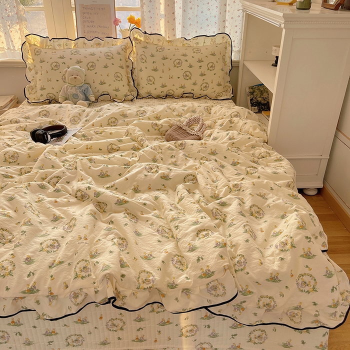 91家纺网 家纺一手货源 找家纺 繁花家居 2025新款云感木棉针织棉双层纱床盖四件套 床盖被套款-小兔茶话会