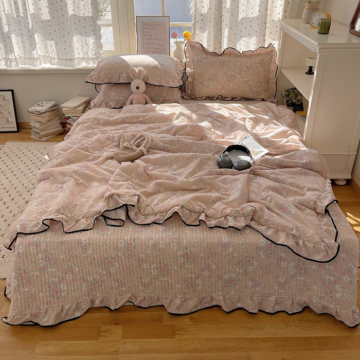 91家纺网 家纺一手货源 找家纺 繁花家居 2025新款云感木棉针织棉双层纱床盖四件套 床盖被套款-盛世芳华