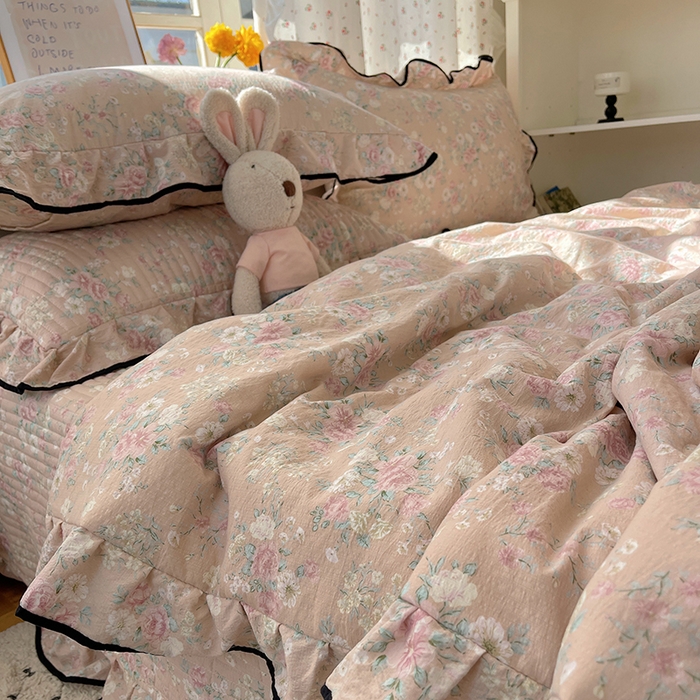 91家纺网 家纺一手货源 找家纺 繁花家居 2025新款云感木棉针织棉双层纱床盖四件套 床盖被套款-盛世芳华