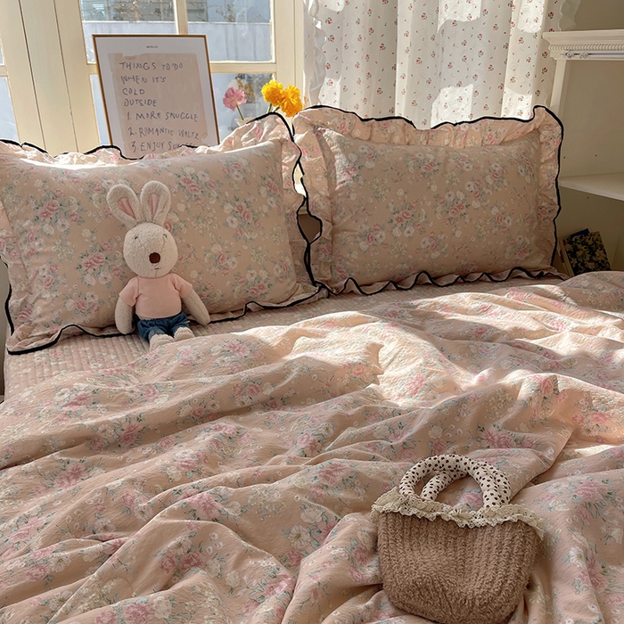 91家纺网 家纺一手货源 找家纺 繁花家居 2025新款云感木棉针织棉双层纱床盖四件套 床盖被套款-盛世芳华