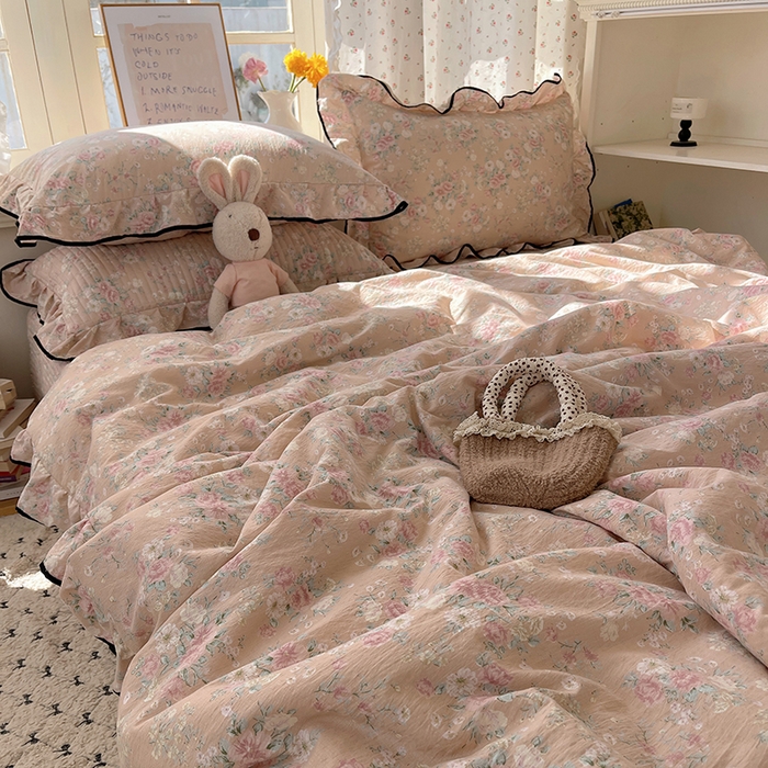 91家纺网 家纺一手货源 找家纺 繁花家居 2025新款云感木棉针织棉双层纱床盖四件套 床盖被套款-盛世芳华