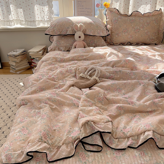 91家纺网 家纺一手货源 找家纺 繁花家居 2025新款云感木棉针织棉双层纱床盖四件套 床盖被套款-盛世芳华