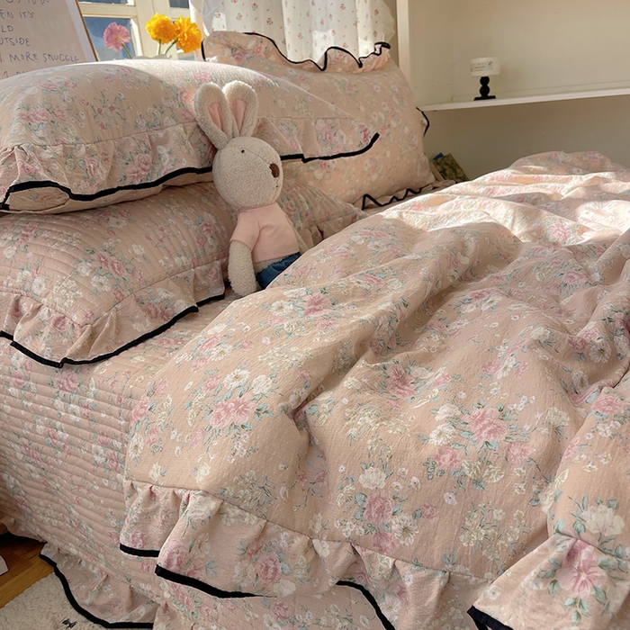 91家纺网 家纺一手货源 找家纺 繁花家居 2025新款云感木棉针织棉双层纱床盖四件套 床盖被套款-盛世芳华