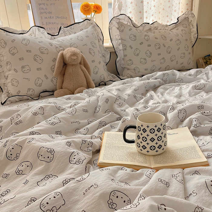 91家纺网 家纺一手货源 找家纺 繁花家居 2025新款云感木棉针织棉双层纱床盖四件套 床盖被套款-猫咪节拍