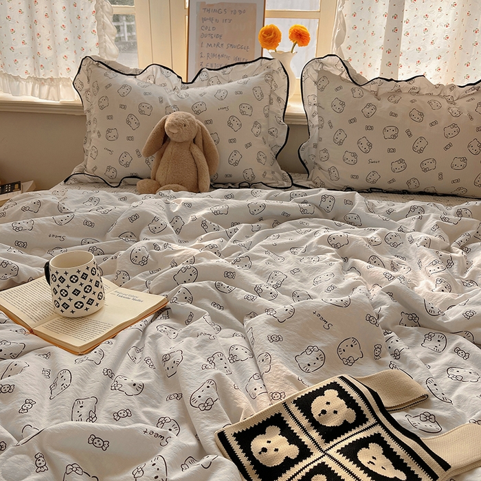 91家纺网 家纺一手货源 找家纺 繁花家居 2025新款云感木棉针织棉双层纱床盖四件套 床盖被套款-猫咪节拍