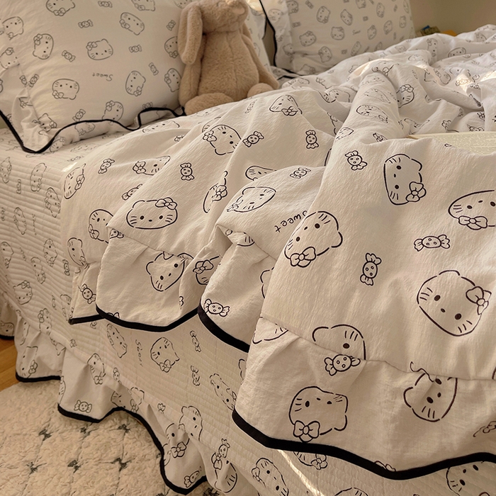 91家纺网 家纺一手货源 找家纺 繁花家居 2025新款云感木棉针织棉双层纱床盖四件套 床盖被套款-猫咪节拍