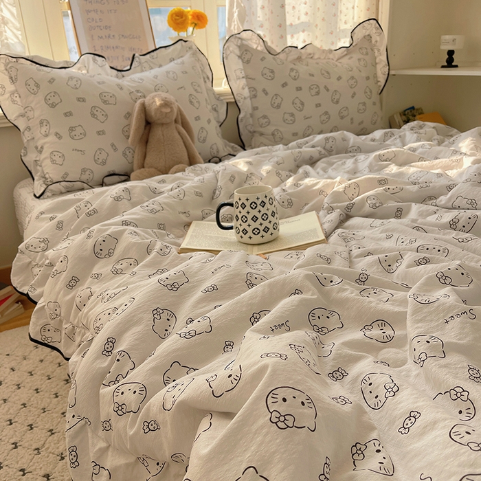 91家纺网 家纺一手货源 找家纺 繁花家居 2025新款云感木棉针织棉双层纱床盖四件套 床盖被套款-猫咪节拍