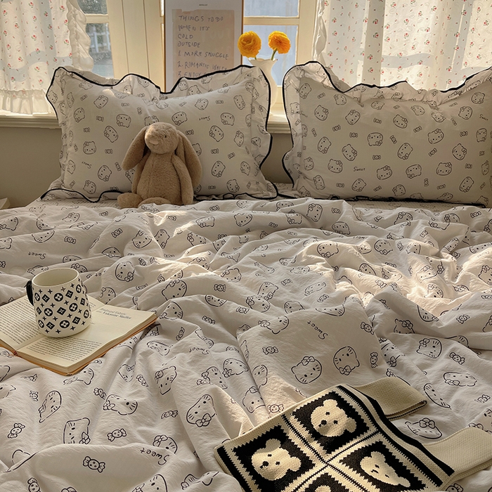 91家纺网 家纺一手货源 找家纺 繁花家居 2025新款云感木棉针织棉双层纱床盖四件套 床盖被套款-猫咪节拍