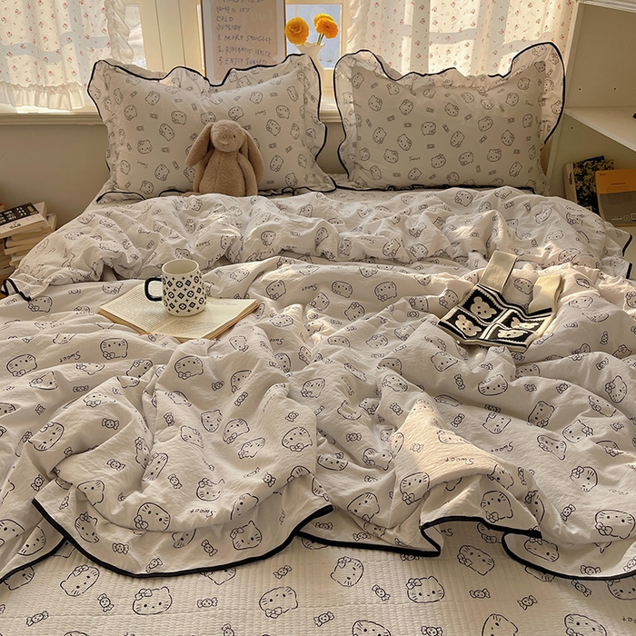 91家纺网 家纺一手货源 找家纺 繁花家居 2025新款云感木棉针织棉双层纱床盖四件套 床盖被套款-猫咪节拍