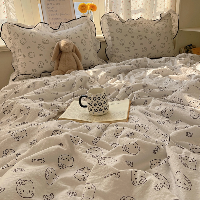 91家纺网 家纺一手货源 找家纺 繁花家居 2025新款云感木棉针织棉双层纱床盖四件套 床盖被套款-猫咪节拍