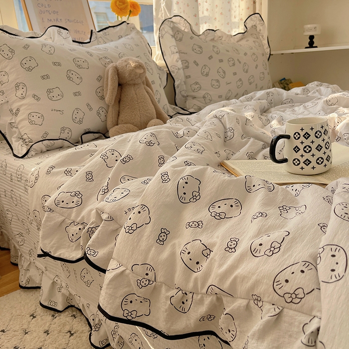 91家纺网 家纺一手货源 找家纺 繁花家居 2025新款云感木棉针织棉双层纱床盖四件套 床盖被套款-猫咪节拍